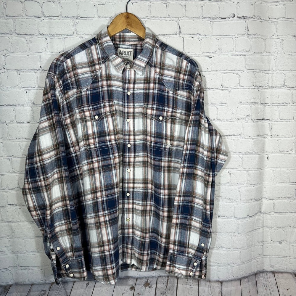 Ariat Mens XL Retro Fit Plaid Western Pearl Snap Shirt Blue White Brown Cotton